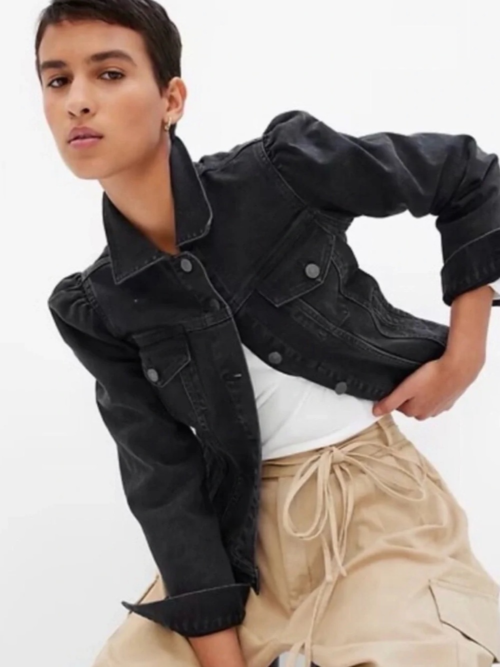 GAP | Women’s Black Denim Cropped Puff Shoulder Button Front Jean Jacket Size M